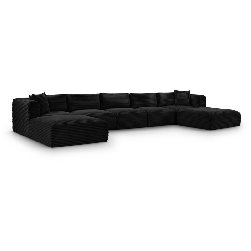 Canapé modulaire Carmean, Tissu velours côtelé texturé noir, 3 sans accoudoirs, 2 en coin, 2 repose-pieds