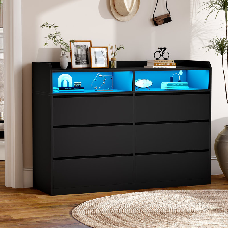Commode double 6 tiroirs l 47,2 po avec prise de courant et lumière DEL, Noir
