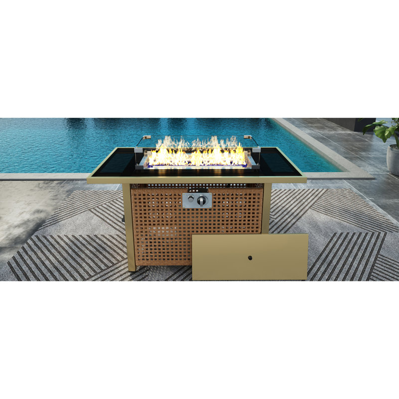 43" Rectangular Patio Fire Table With Blue Glass Stones, 60000 Propane, Open Weave For Outdoor Deck Garden Backyard - Orange & Mustard Yellow Pit Table, Wind Guard