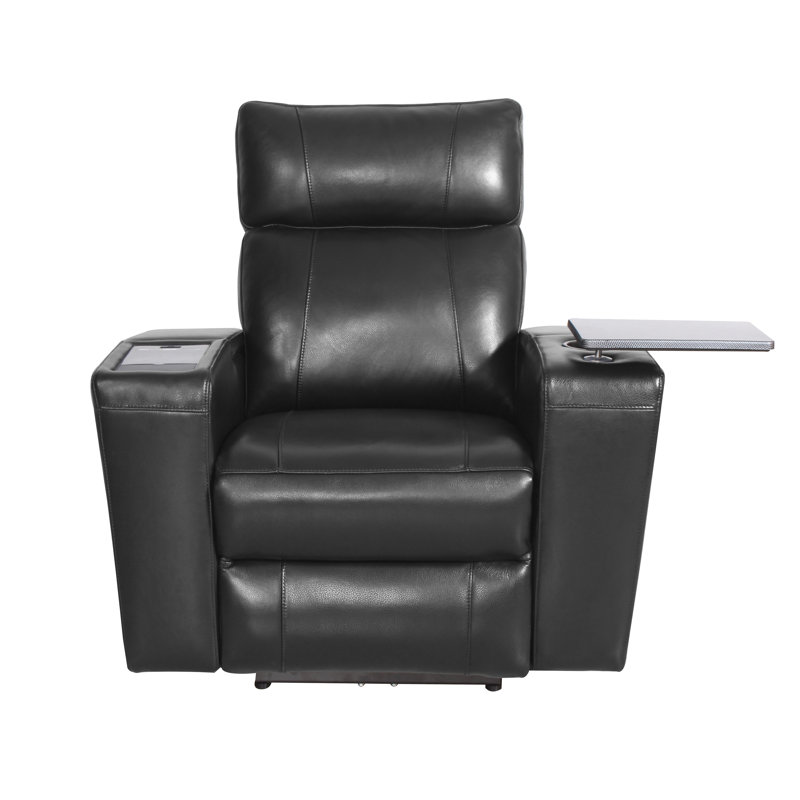 Upholstered Home Theater Seat with Cup Holder, Black Leather