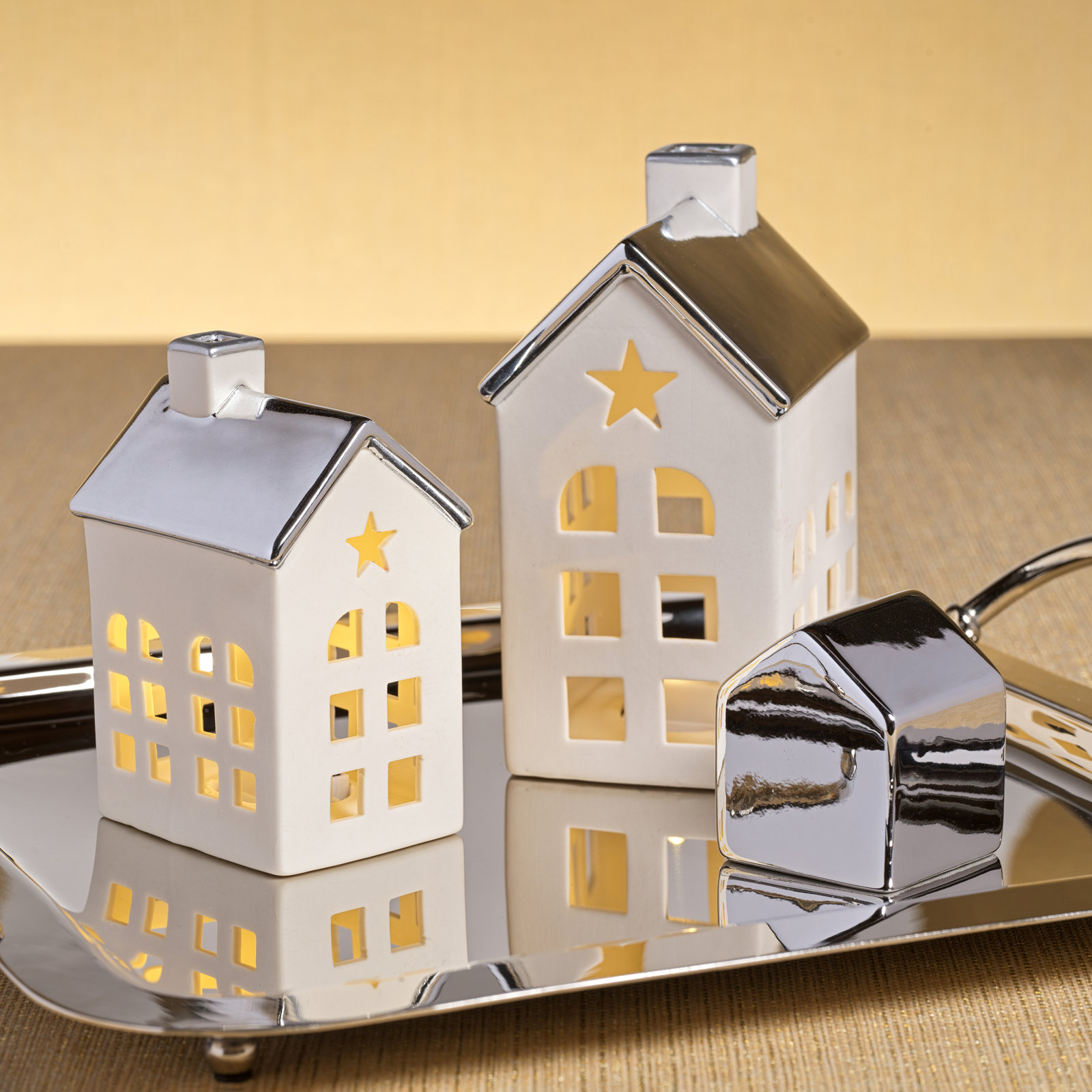 Lilou 2-Piece Set Porcelain LED House with Roof, 4.25" H x 3" W x 2.5" D, Silver/White