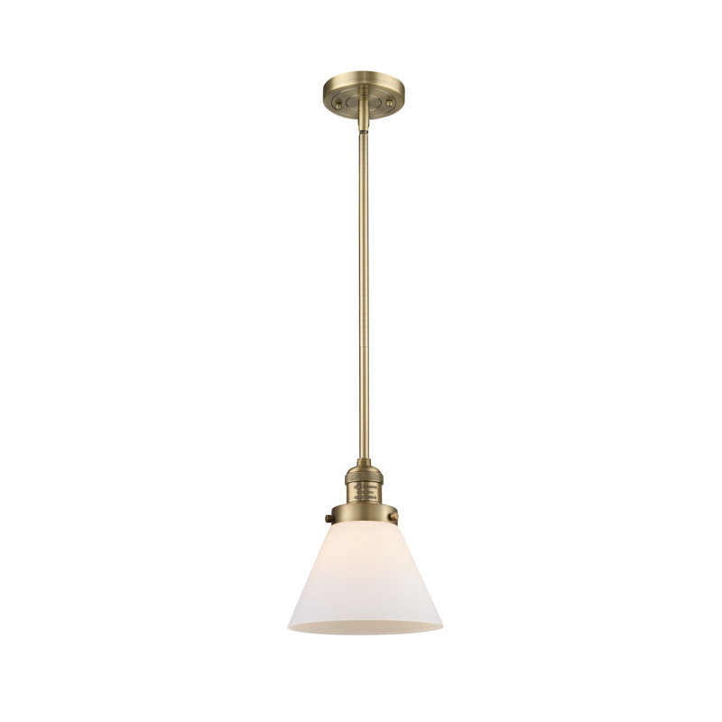 Luminaire suspendu conique à 1 lumière Milardo, Boîtier blanc mat, H 10 pi x l 8 po x P 8 po, Laiton brossé