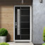 Porte d'entrée moderne en fibre de verre noire, porte extérieure 36 x 80, conception démontable avec verre givré vertical et rainures peintes horizontales, ouverture à droite