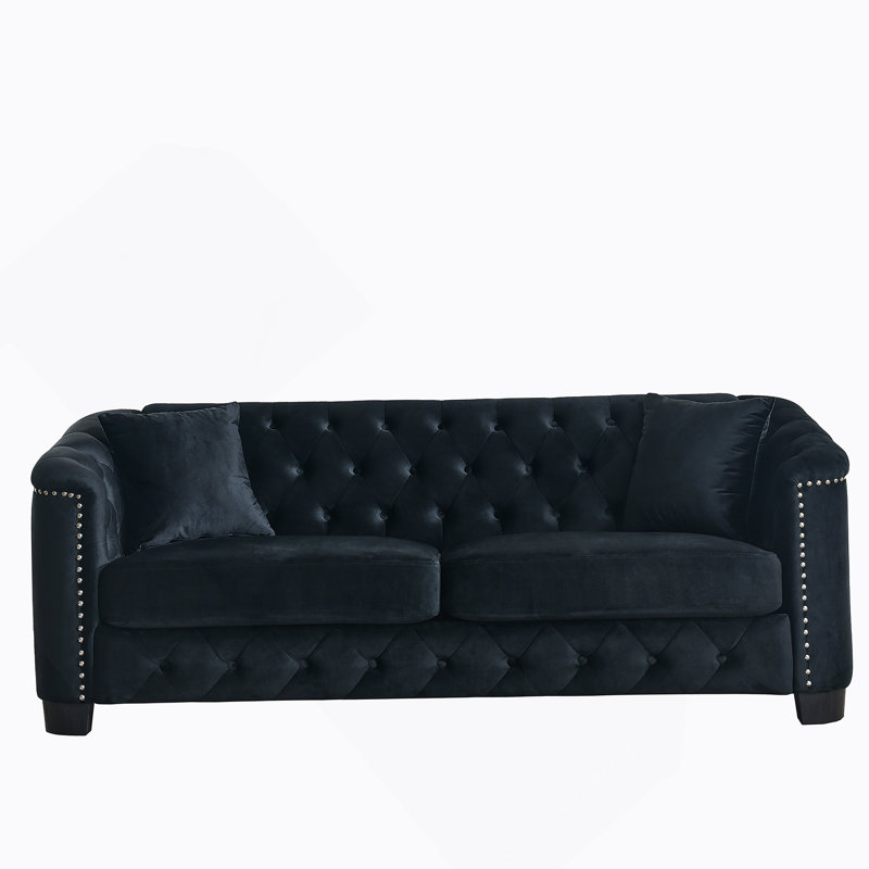 Canapé Chesterfield moderne de 77 pouces en velours, canapé 3 places, dossier capitonné, Noir, noir, noir, noir