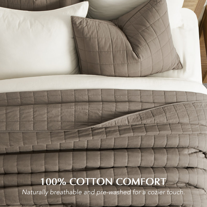 100% Cotton Box Stitch Quilt Set, Mocha Brown, Queen Quilt + 2 Queen Shams
