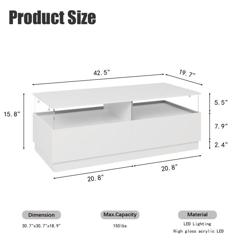 LED Coffee Table with Drawer & Clear Acrylic Side Panel for Living Room, White