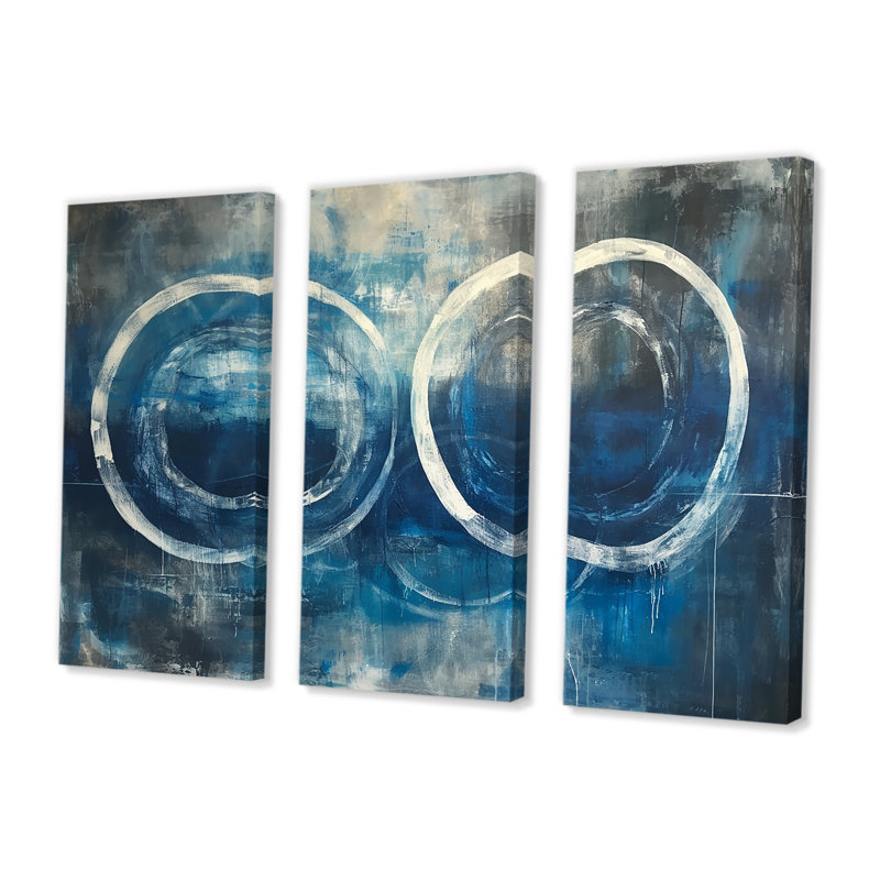 «White Circle Grunge Blue», ensemble de reproductions d'art murales géométriques, Toile tendue, H 40 po x l 60 po x P 1 po