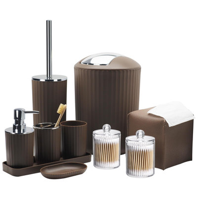 Ensemble d'accessoires de salle de bain - Ensemble d'accessoires de salle de bain brun 10 pièces avec poubelle, porte-brosse à dents et tasse, distributeur de savon, porte-savon, porte-brosse de toilette, plateau de coiffeuse, support de Qtip, couvercle de boîte à mouchoirs