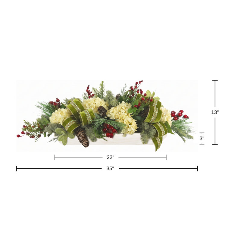 Holiday Arrangement with Hydrangeas, Ribbons and Berries