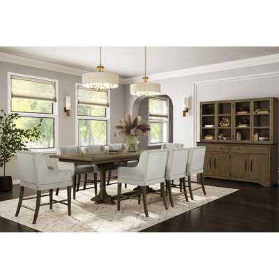 Table à tréteaux Almond, hauteur de comptoir, extensible de 84 po à 114 po, largeur de 44 po, hauteur de 36 po, parquets géométriques, placages, 230,5 lb