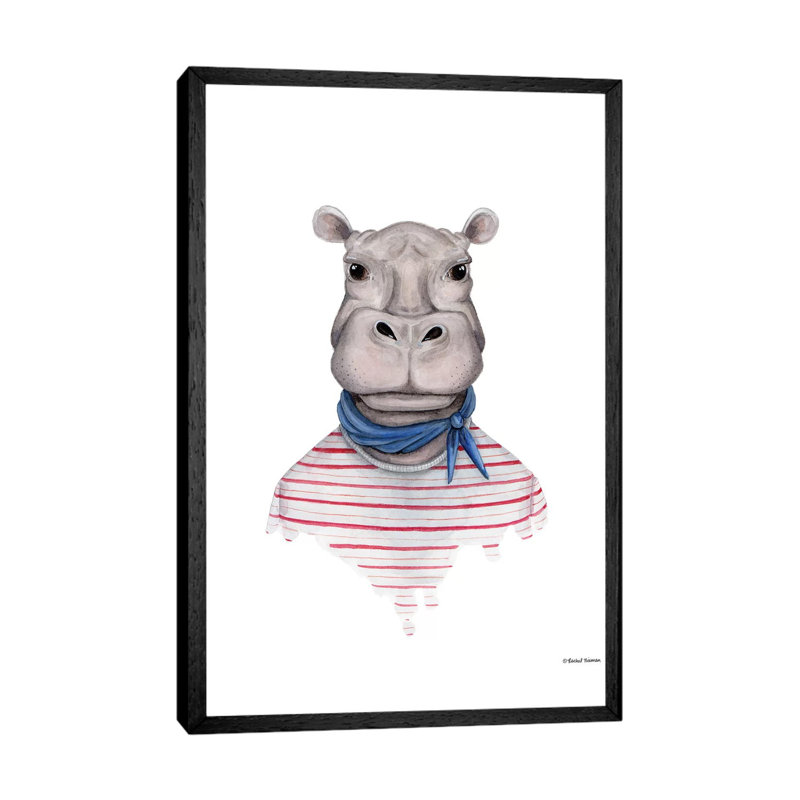 Hippo In Handkerchief by Rachel Nieman - Floater Frame Gallery-Wrapped Canvas Giclée on Canvas, Black