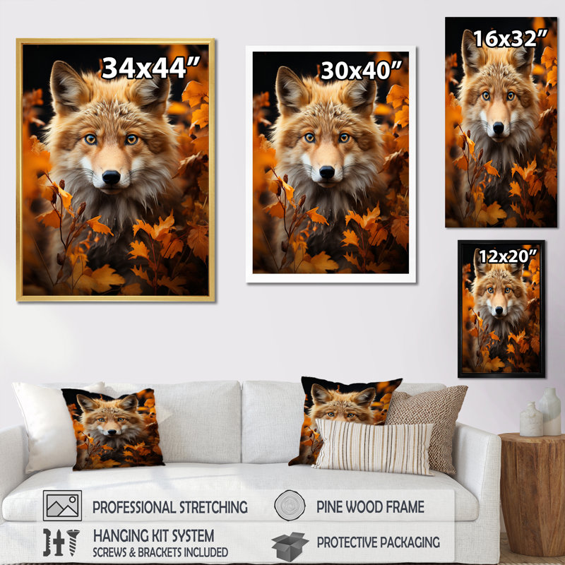 Portrait de renard en automne I - animaux, art mural, Cadre flottant doré, H 32 po x l 24 po x P 1 po