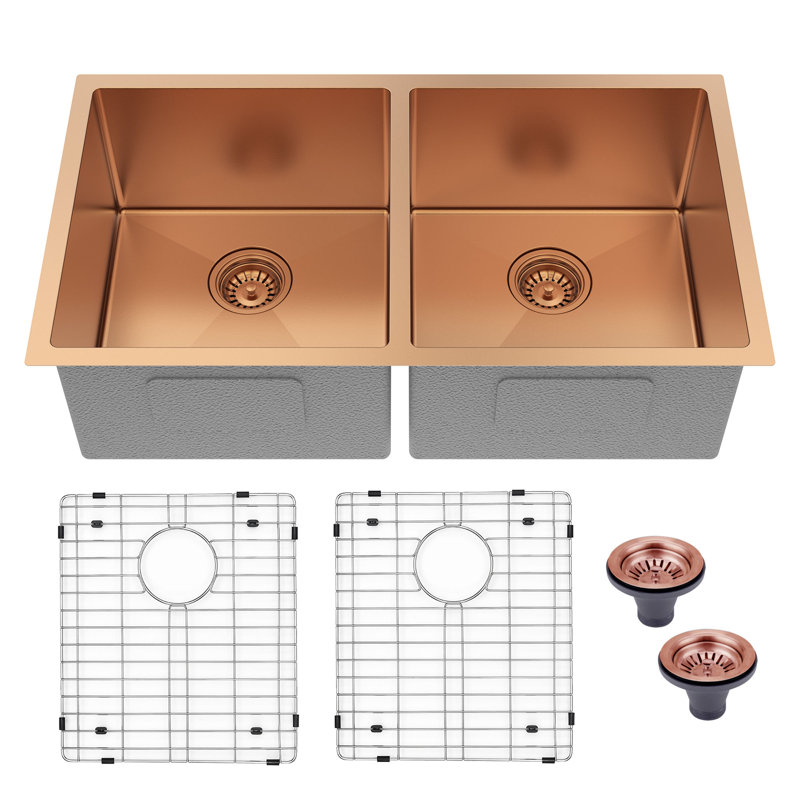 Évier de cuisine à double cuve encastrable en acier inoxydable 304 de calibre 16 HIGOLD L 33 po HIGOLD, Or rose