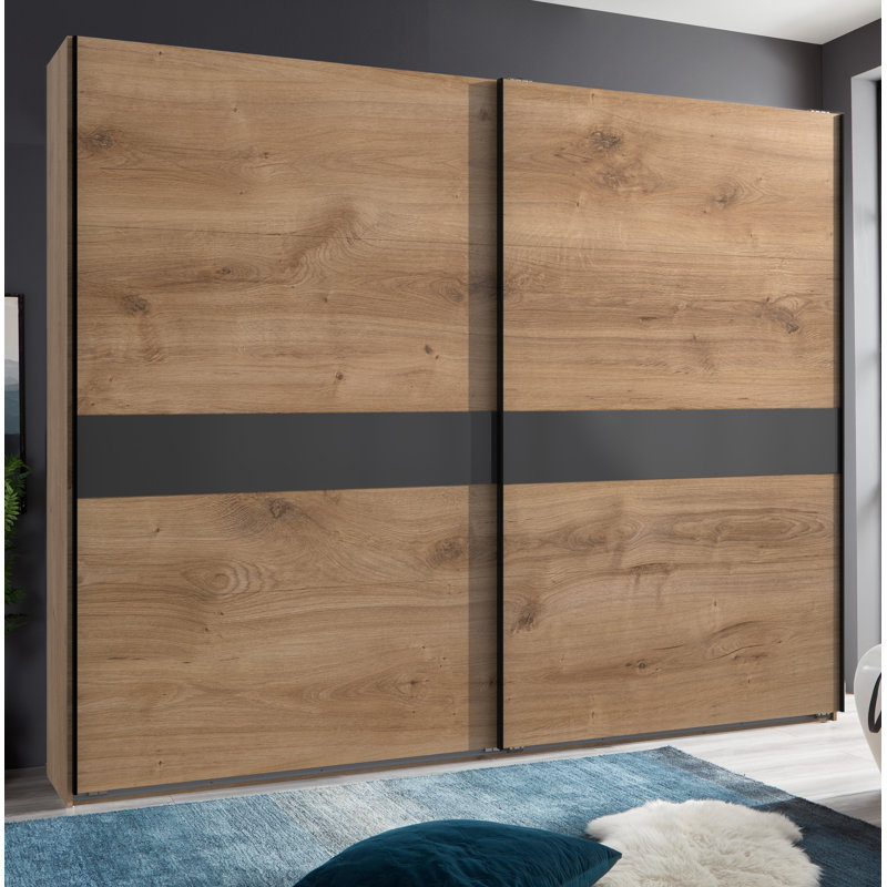 Bakersfield 2 Door Manufactured Wood Wardrobe, Premium Plus, Planked Oak/Glass Grey, 210cm H x 270cm W x 65cm D