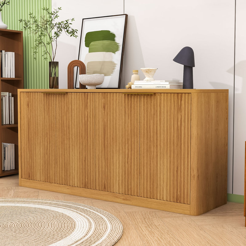 Rustic Wave Design Wood Sideboard Buffet Cabinet with Hidden Storage, Natural