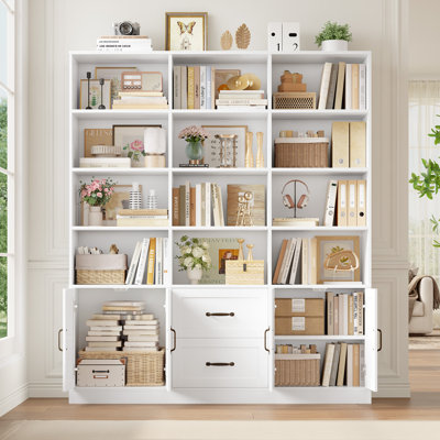 71.3”H × 58.7”W Triple-Wide 6-Tier Bookcase with 4-Tier Open Shelves, 2 Cabinets & 2 Drawers | Tall Storage Cabinet for Home & Office Organization