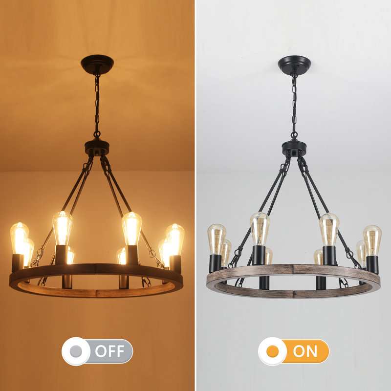 Myriane 8 - Light Brown/Black Wagon Wheel Chandelier, Modern Vintage Dining Room Chandelier for Living Room Foyer Entryway, Bedroom, Kitchen
