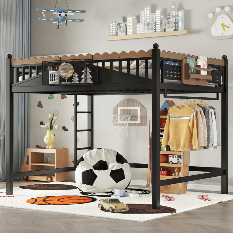 Queen Size Metal Loft Bed with Ladder, Storage Shelves and Bookshelf, Space-Saving Twin Loft Bed Frame with Guardrails, No Box Spring Needed, Black