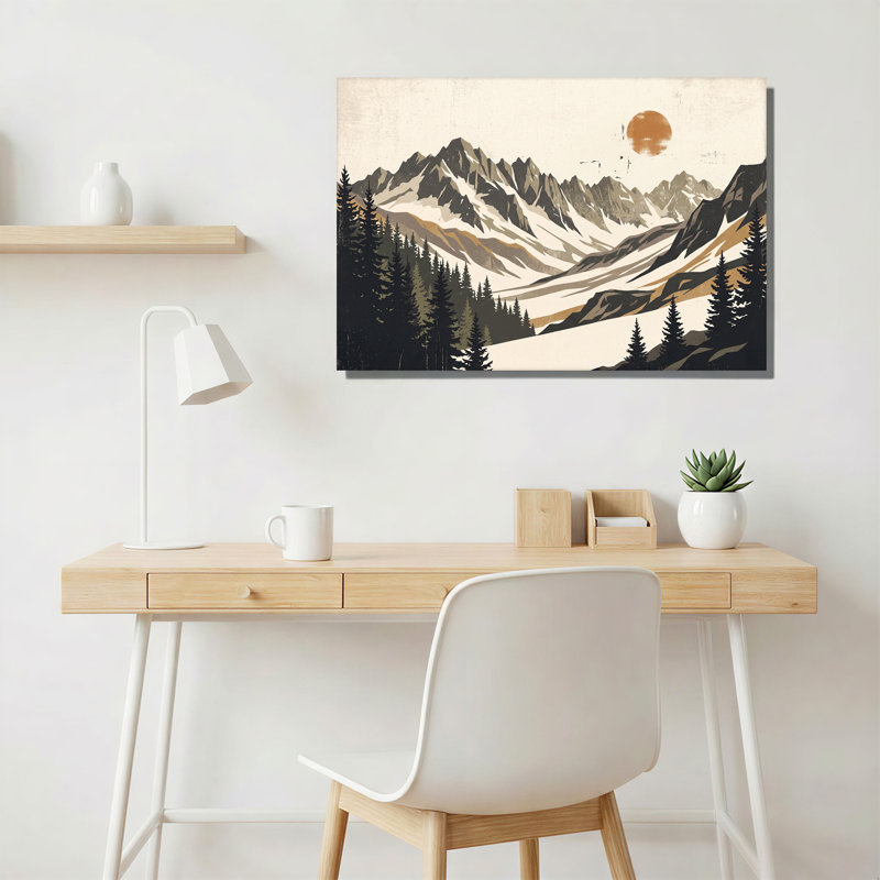 Art mural rétro avec chaîne de montagnes avec pins et soleil orange, H 32 po x l 48 po