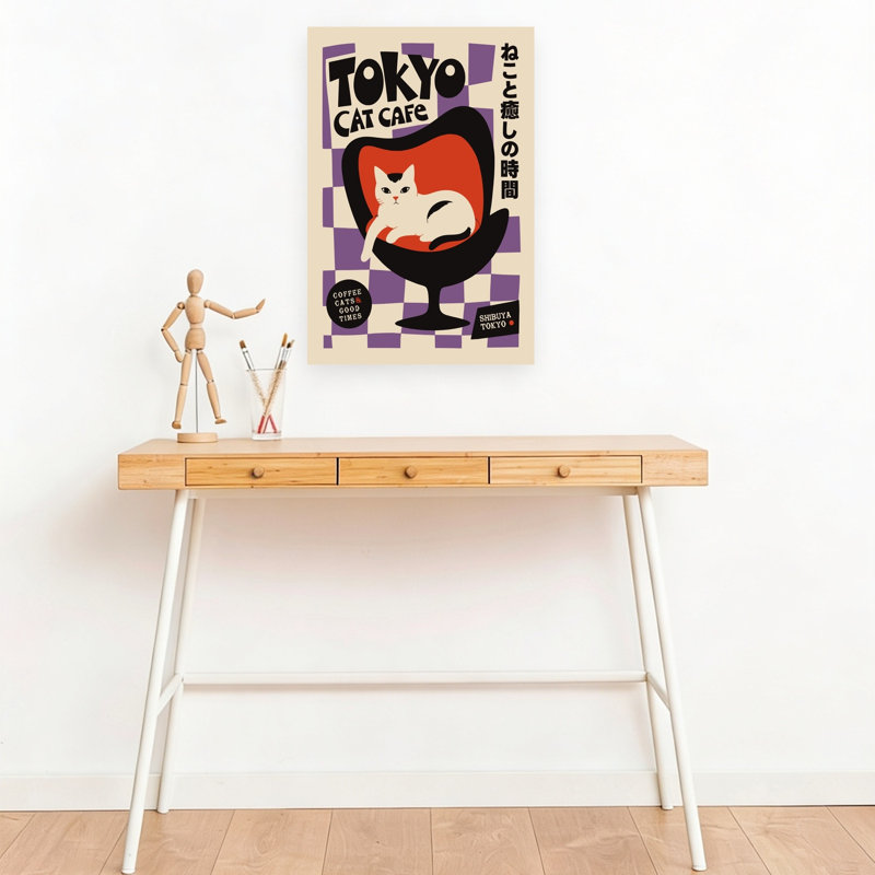 Cool Tokyo Cat Cafe Modern Retro Abstract Cat City Architecture Wall Art Print 1 Piece Wrapped Canvas Wall Art