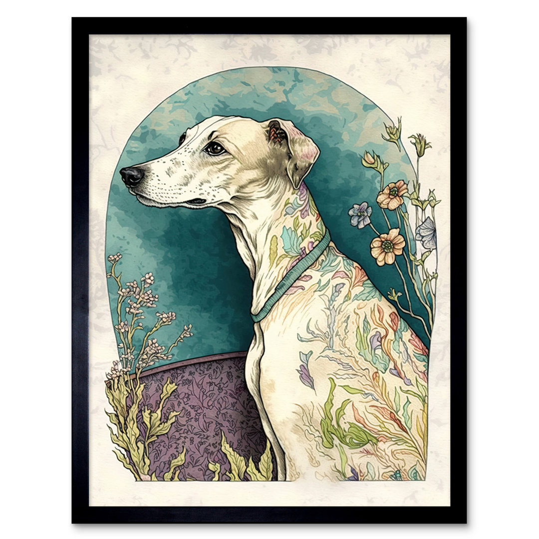 Whippet Dog with Flowers Modern Multicoloured Watercolour - Single Picture Frame Art Prints