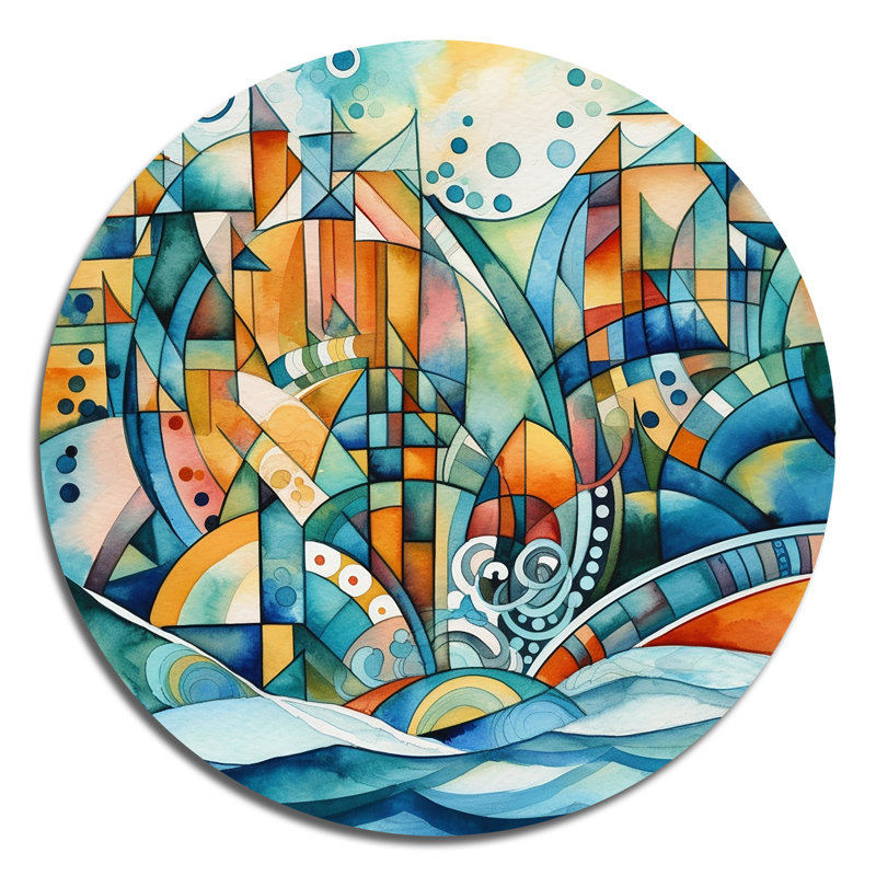 Blue And Orange Language Of Lines II - Abstract Geometric Round Wall Art on Metal, 16" H x 16" W x 1" D