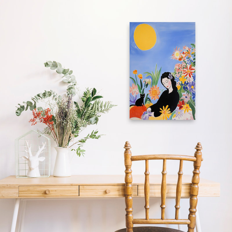 Woman In Bloom Garden Colorful Dreamy Peaceful Cat Flower Nature Wall Art Print 1 Piece Wrapped Canvas Wall Art