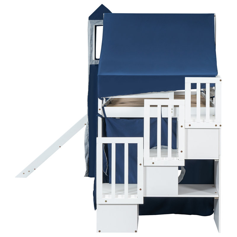 Lit mezzanine avec tente et tour, Bleu, Lit simple