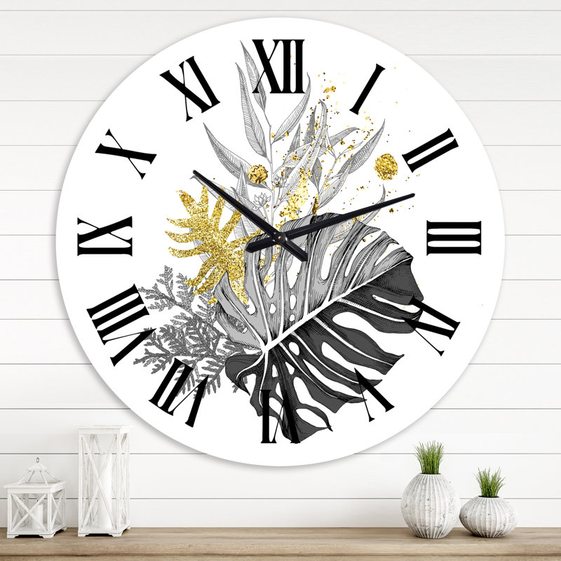Bouquet de feuilles tropicales monochromes et dorées - Horloge murale tropicale, Grand