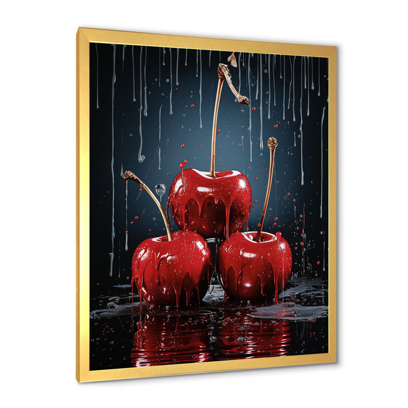 Red Cherry Delight 2 - art mural cerise, H 32 po x l 24 po x P 1 po, Cadre doré simple