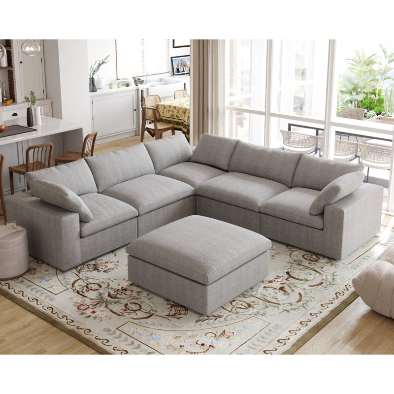 Canapé modulaire rembourré en lin avec repose-pieds 6 pièces Kenda, Lin gris pâle