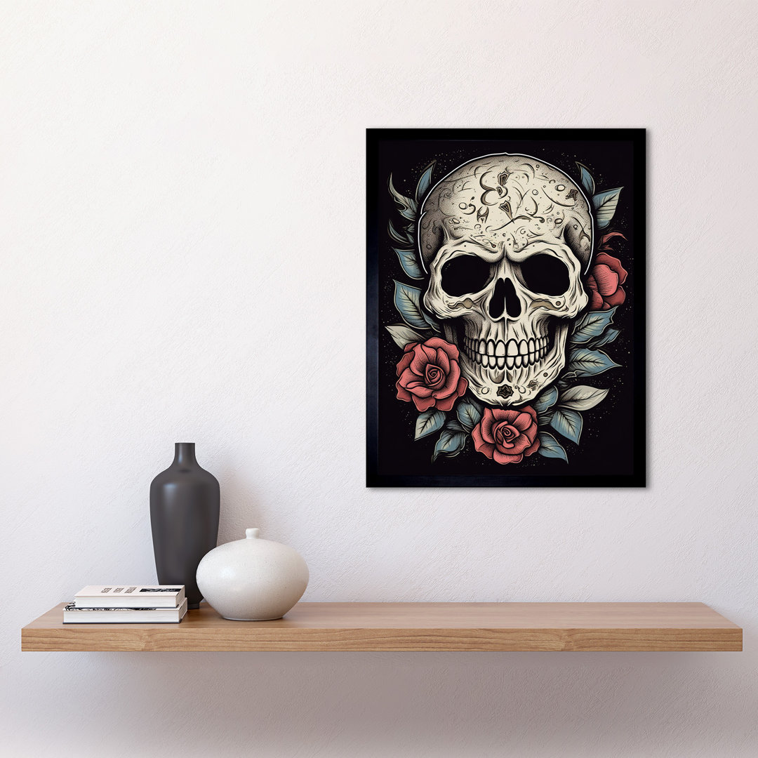 Benat Roses Skull Old School USA Tattoo Ink Body Art Americana 50s - Single Picture Frame Print