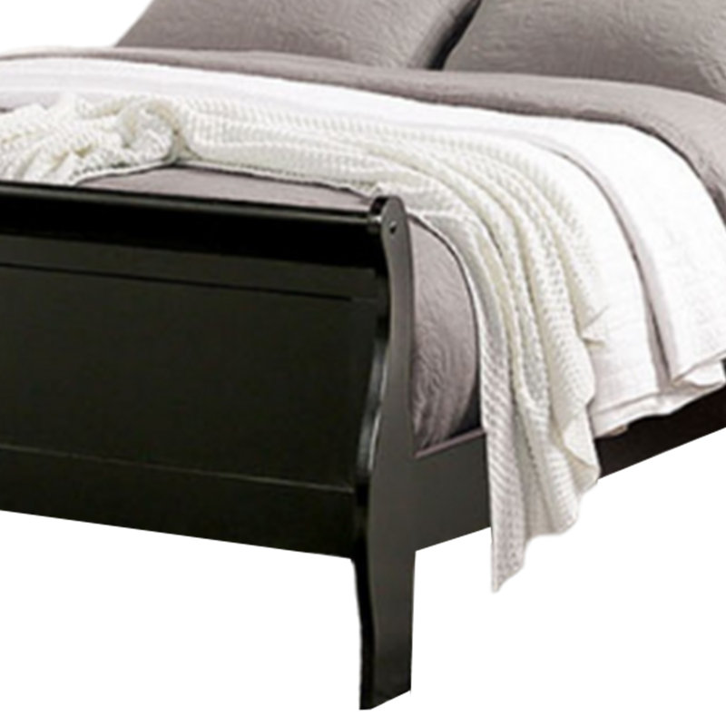 Lit Ryla, tête de lit-bateau, bois massif classique, Simple, Noir