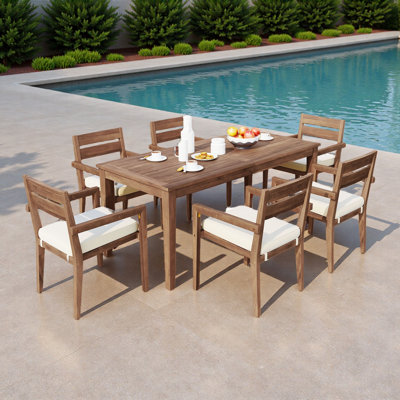7 Pieces Outdoor Dining Set Included 1 Large Table And 6 Stackable Chairs  With Cushions And Waterproof Feature