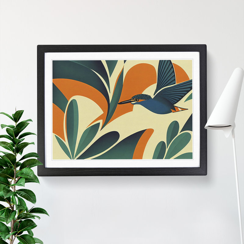 Art Deco Kingfisher Bird - Framed Print, Black, 34cm H x 46cm W