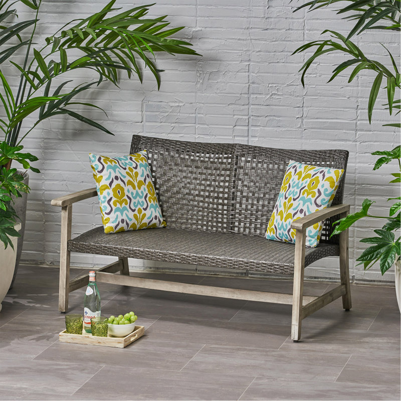 Patio Outdoor Acacia Wood Wicker Loveseat, Patio Furniture Conversation Set For Backyard, Gray