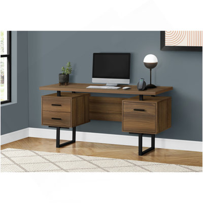 Computer Desk, Home Office, Laptop, Left, Right Set-Up, Storage Drawers, 60"L, Work, Walnut Laminate, Black Metal, Contemporary, Modern