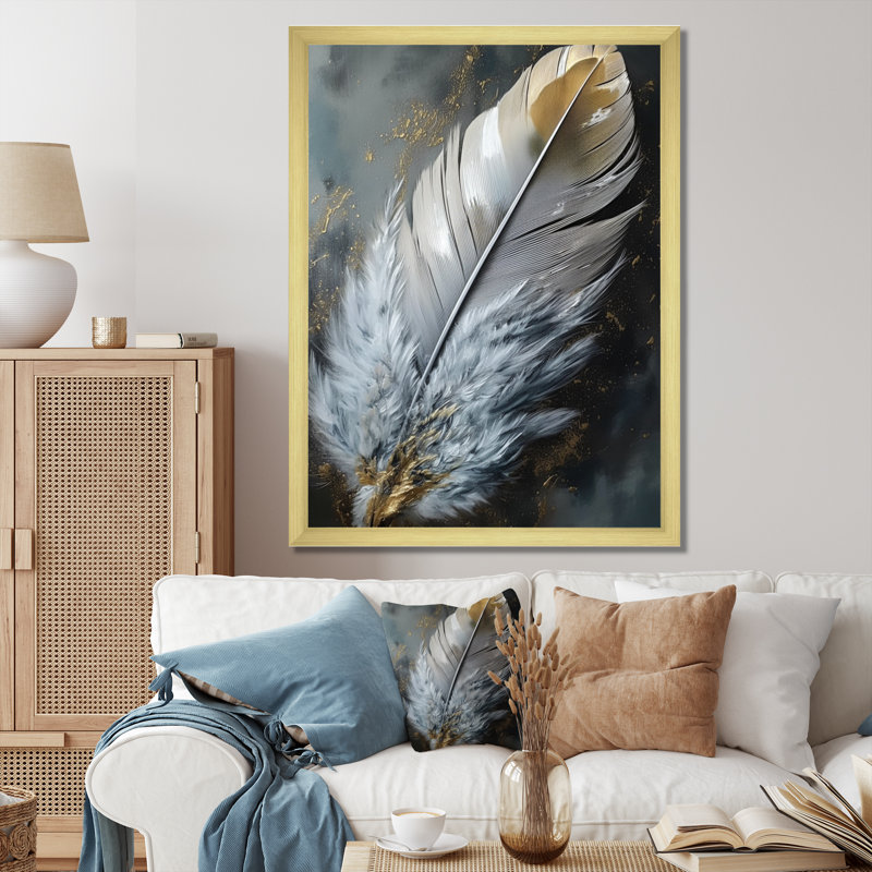 «Kammy Gold Boho Chic Feathers V», reproduction sur toile, Encadrement doré, H 32 po x l 16 po x P 1 po
