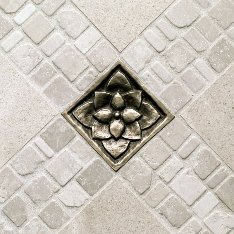 3" x 3" Metal Lotus Decorative Tile Insert, White Bronze
