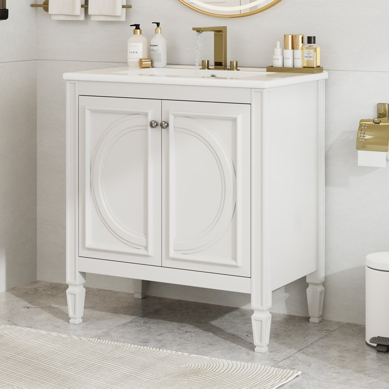 Meuble-lavabo de salle de bain avec lavabo, style rétro, Blanc