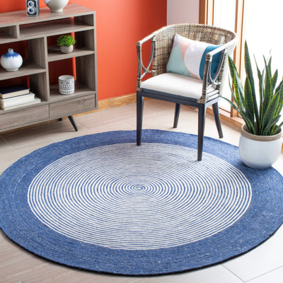 Braided Hand Woven Wool/Cotton Abstract Rug in Navy/Ivory