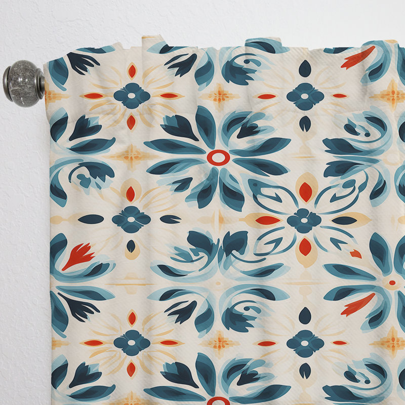 Rideau obscurcissant damassé marocain beige et bleu - 1 panneau, L 52 po x L 90 po