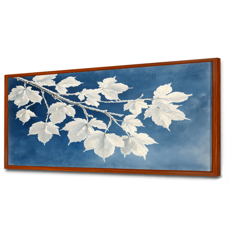 «White Frosted Leaves Branches II» - art mural feuilles, H 28 po x l 60 po, Impression encadrée flottante, Brun