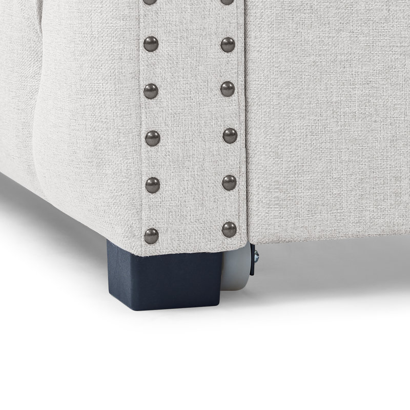 Lit de jour avec couchette rembourrée et capitonnée, avec boutons et clous en cuivre sur accoudoirs carrés, taille simple, beige (85 po x 42,5 po x 31,5 po)