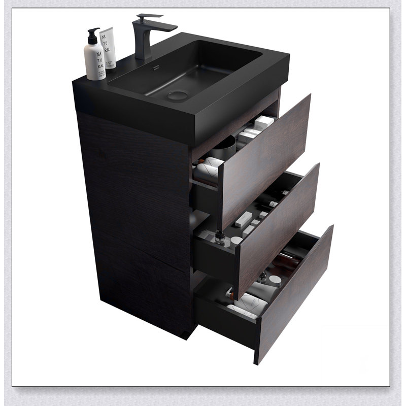 Meuble-lavabo autoportant avec grand lavabo et rangement, Noyer, 24", Noir