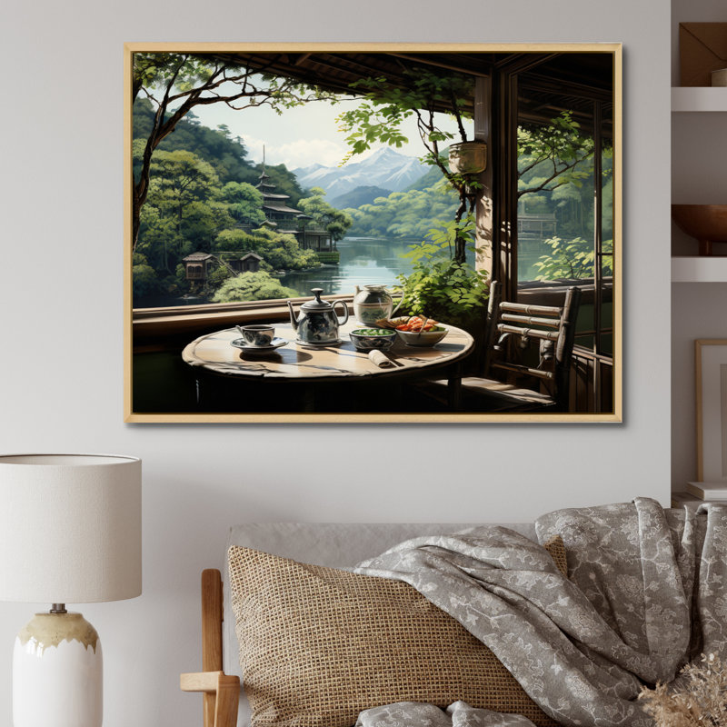 Art japonais, maison de thé Serenity - Art mural japonais, H 24 po x l 32 po x P 1 po, Cadre flottant érable