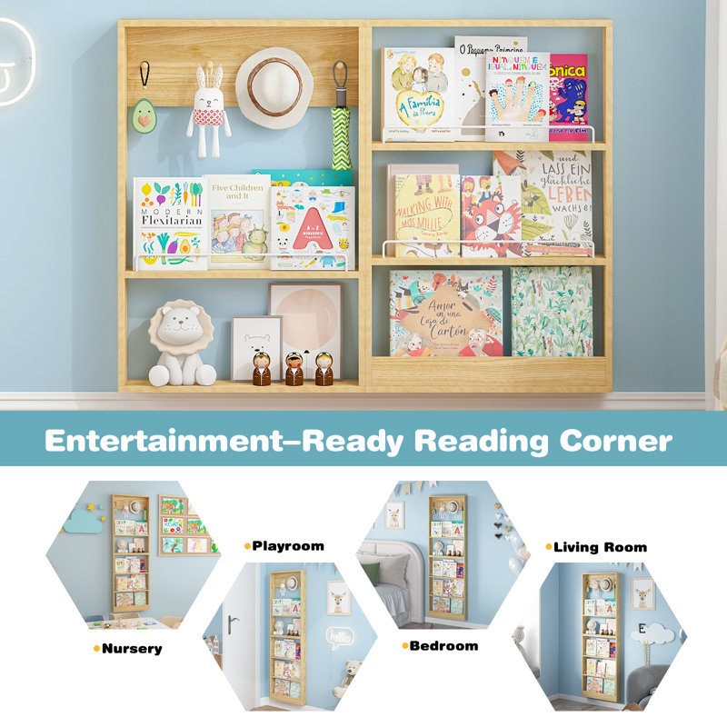 Wall-Mounted Floating Bookcase – 5-Tier Adjustable Shelf with Metal Guards & Hooks, Stackable Modular Design, Natural Wood