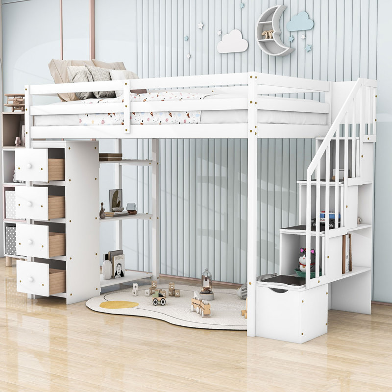 Hasseltine Kids Twin 4 Drawers Wood Loft Bed with Shelves, White