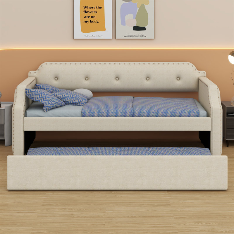 Upholstered Daybed With Trundle, Beige