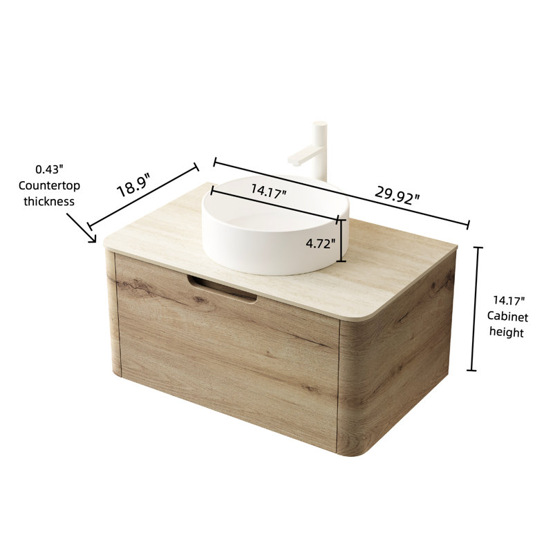 Meuble-lavabo de 30 po avec lavabo rond en céramique blanc lisse, comptoir en pierre frittée à motif, tiroir de rangement mural en contreplaqué et système de fermeture silencieuse silencieuse, pré-assemblé, conception en chêne